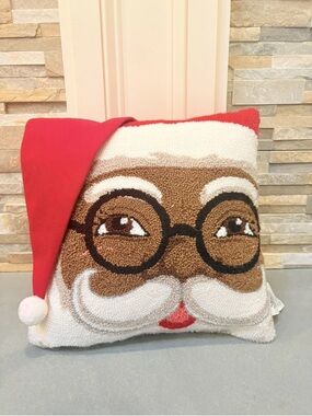 Ashland Christmas Peppermint Lane Santa Square Pillow 14x14 Pom Pom